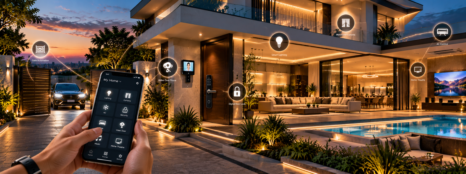 Complete home automation with smart touch controls, lighting, curtains, air conditioning, scenes and mobile control