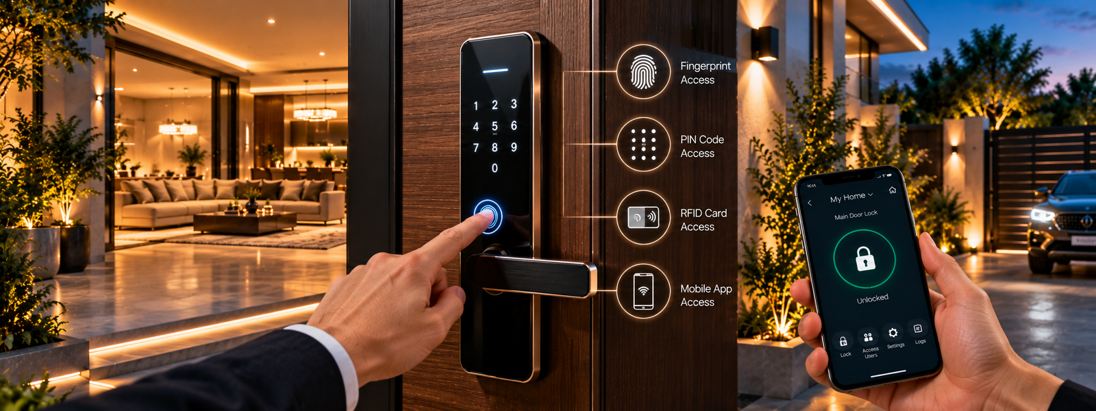 Digital door lock with fingerprint, PIN, RFID and smartphone access in a luxury home