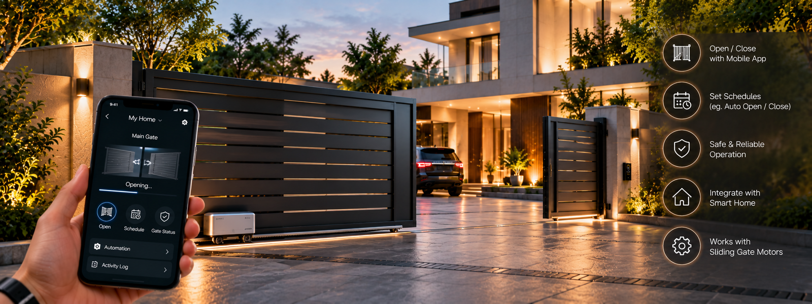Automated sliding gate controlled through a smartphone at a luxury home