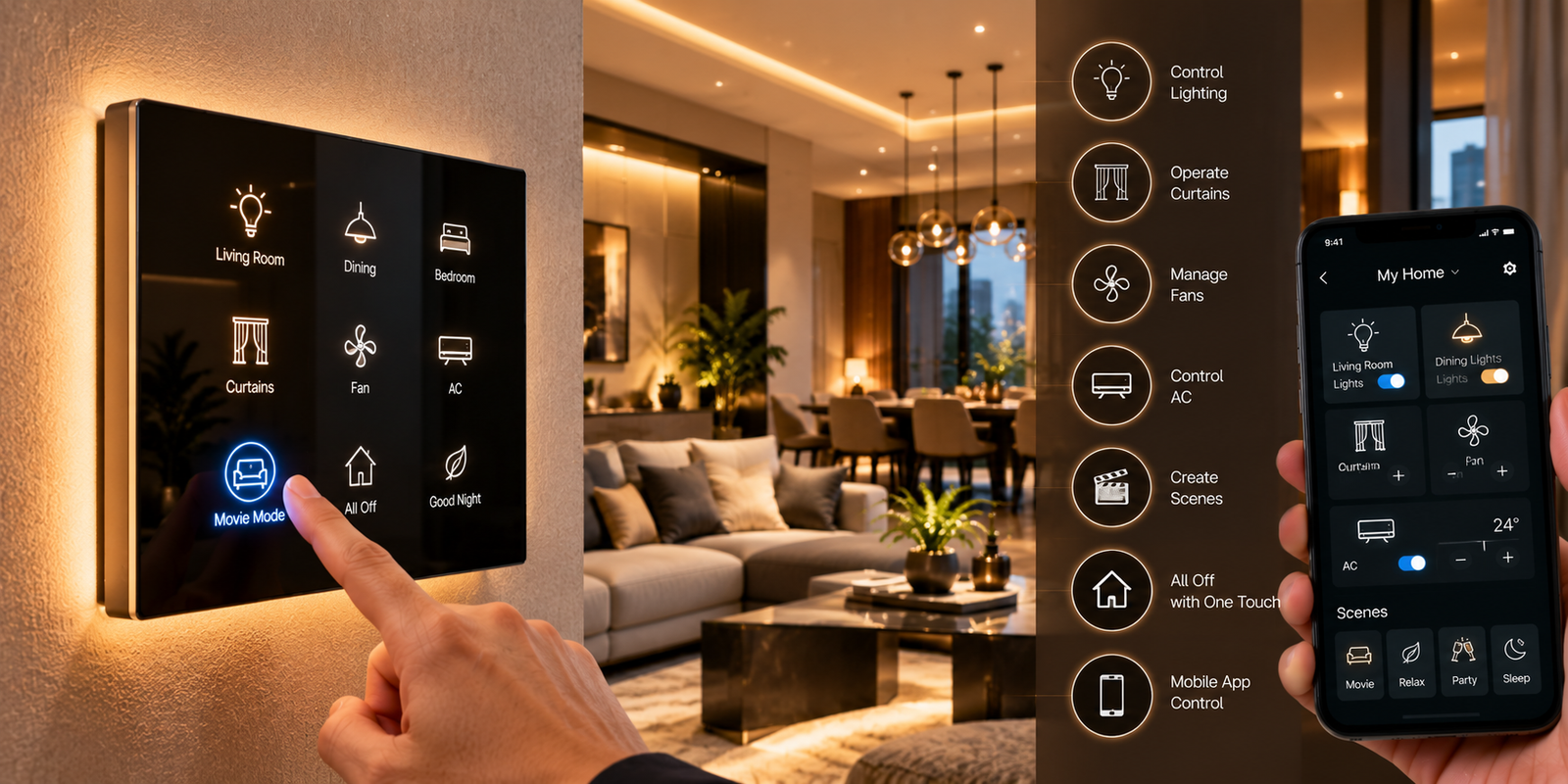 Smart touch panel controlling lighting, curtains, fan, air conditioning and home scenes